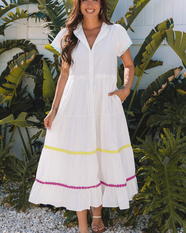 White Colorblock Rickrack Trim Short Sleeve Drawstring Waist Long Dress