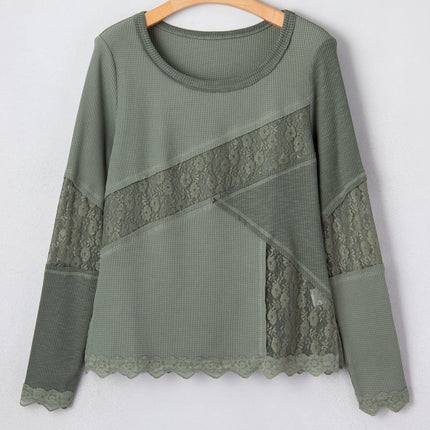 Sage Green Solid Color Waffle Ribbed Lace Patchwork Long Sleeve Top