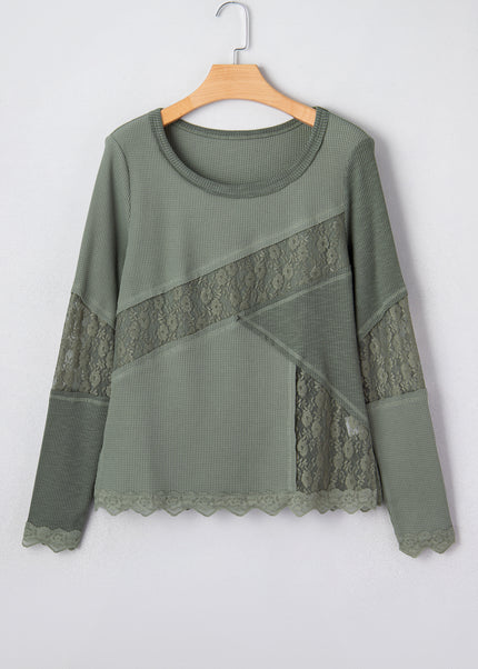 Sage Green Solid Color Waffle Ribbed Lace Patchwork Long Sleeve Top