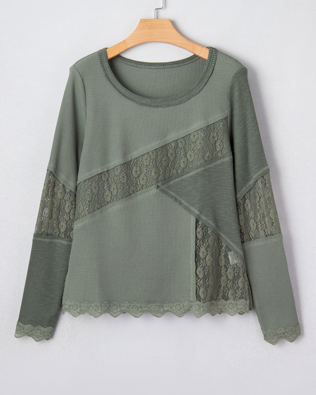 Sage Green Solid Color Waffle Ribbed Lace Patchwork Long Sleeve Top