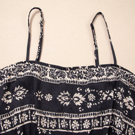 Black Spaghetti Straps Elastic Waist Loose Ethnic Print Jumpsuit