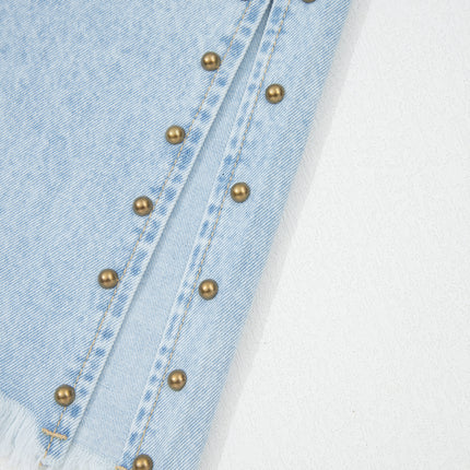 Beau Blue Studded Side Slit Leg Frayed Pocketed Wide Leg Jeans