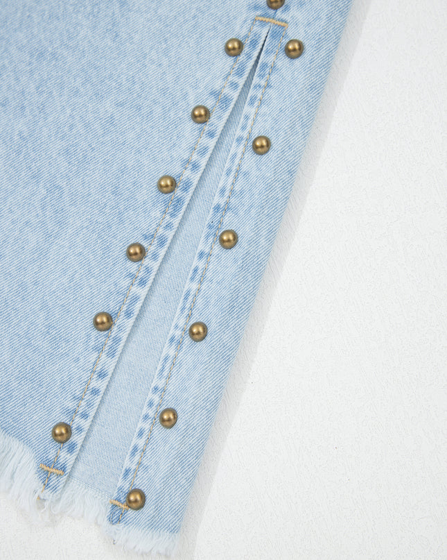 Beau Blue Studded Side Slit Leg Frayed Pocketed Wide Leg Jeans