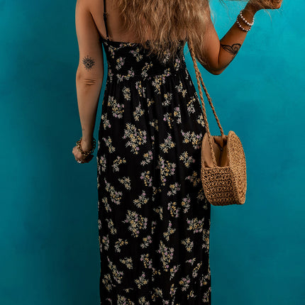 Black Floral Spaghetti Strap Shirred Bodice Tied Empire Waist Maxi Dress