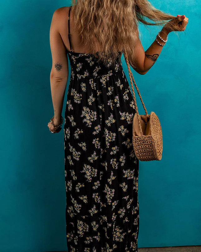 Black Floral Spaghetti Strap Shirred Bodice Tied Empire Waist Maxi Dress