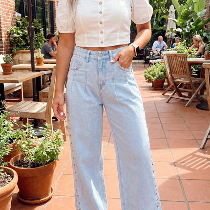 Beau Blue Studded Side Slit Leg Frayed Pocketed Wide Leg Jeans
