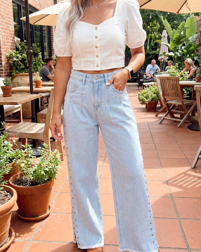 Beau Blue Studded Side Slit Leg Frayed Pocketed Wide Leg Jeans