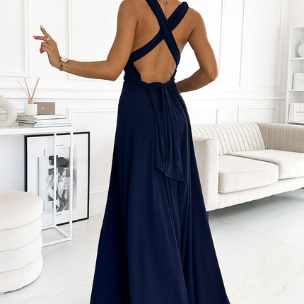 Navy Blue Long Dress with Versatile Tie Styling