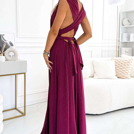 509-3 Elegant long dress tied in many ways - burgundy with glitter