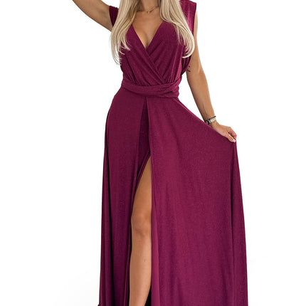 509-3 Elegant long dress tied in many ways - burgundy with glitter