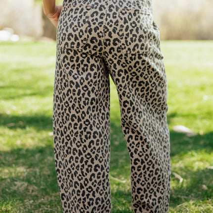 Khaki Leopard Print Drawstring Elastic Waist Loose Denim Pants with Pockets