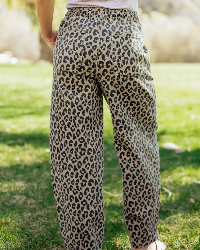 Khaki Leopard Print Drawstring Elastic Waist Loose Denim Pants with Pockets