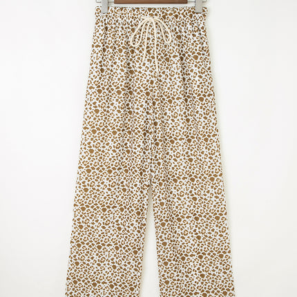 Brown Leopard Drawstring Elastic Waistband Loose Pants