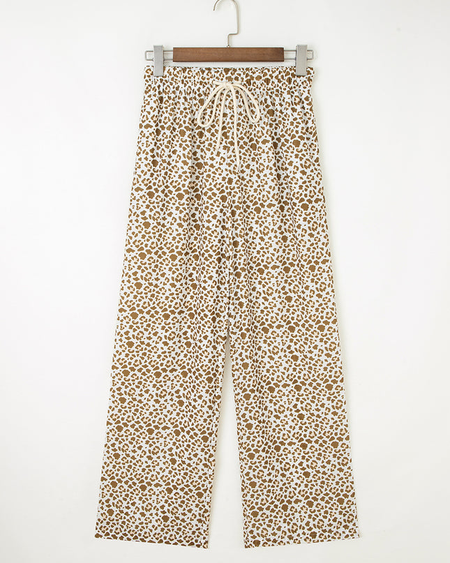 Brown Leopard Drawstring Elastic Waistband Loose Pants