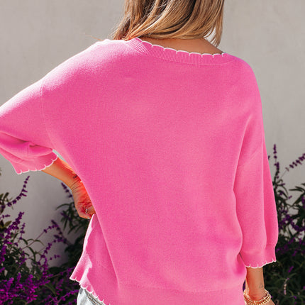 Sachet Pink Big Ribbon Bow Print Contrast Stitch Trim Drop Shoulder Sweater