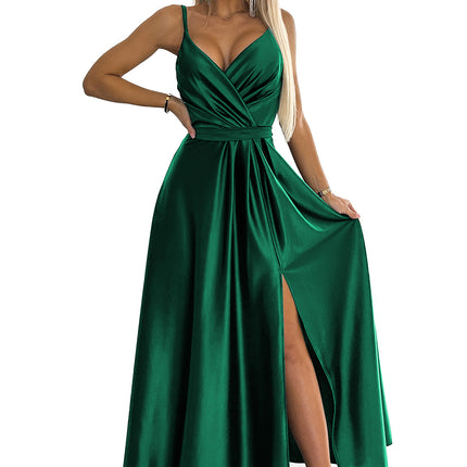 512-1 JULIET elegant long satin dress with a neckline - green