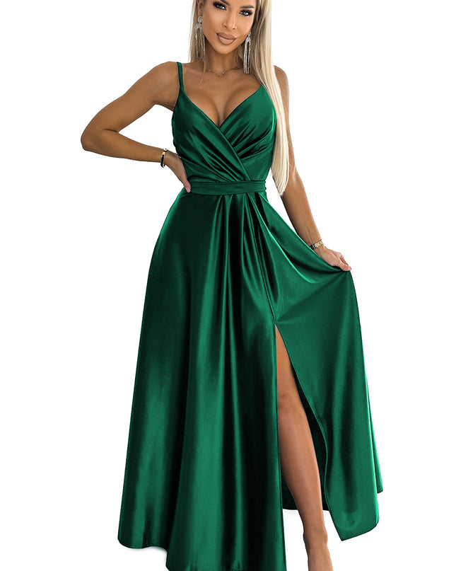 512-1 JULIET elegant long satin dress with a neckline - green