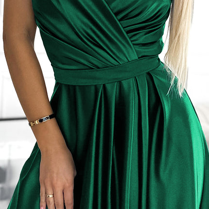 512-1 JULIET elegant long satin dress with a neckline - green