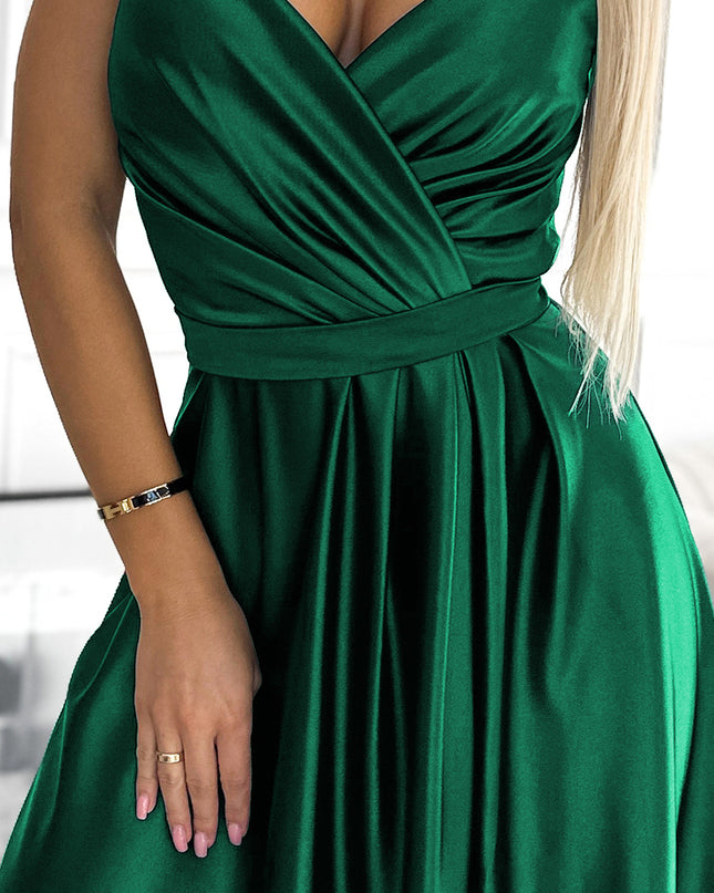 512-1 JULIET elegant long satin dress with a neckline - green