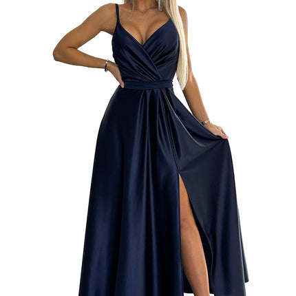 512-2 JULIET elegant long satin dress with a neckline - navy blue