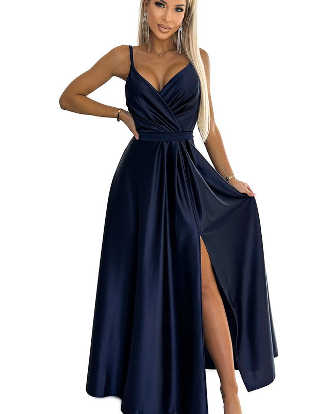512-2 JULIET elegant long satin dress with a neckline - navy blue