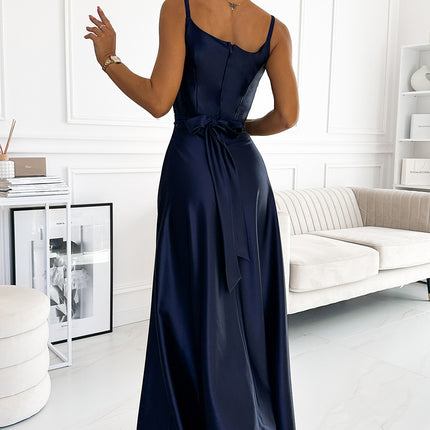 512-2 JULIET elegant long satin dress with a neckline - navy blue