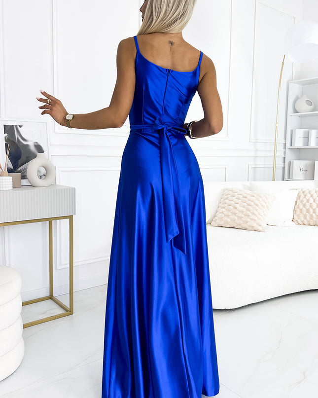 512-4 JULIET elegant long satin dress with a neckline and leg slit - royal blue
