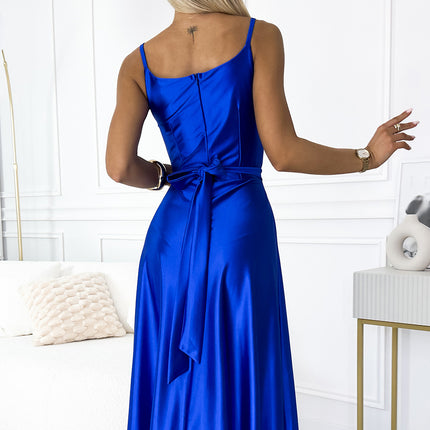 512-4 JULIET elegant long satin dress with a neckline and leg slit - royal blue