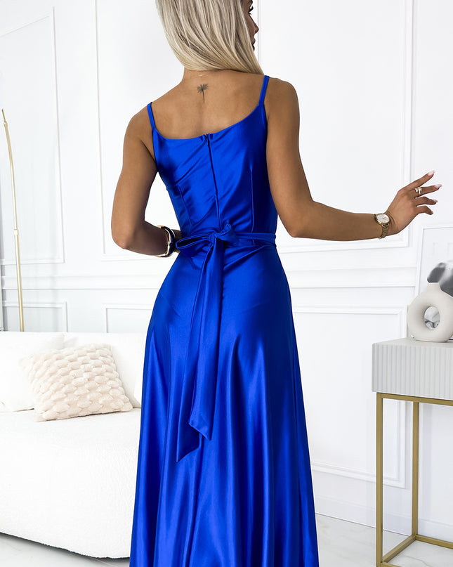 512-4 JULIET elegant long satin dress with a neckline and leg slit - royal blue