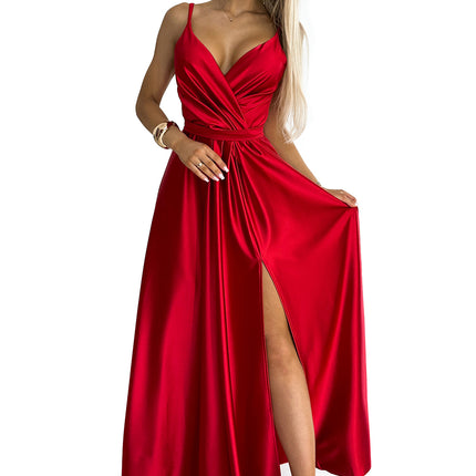 512-5 JULIET elegant long satin dress with a neckline and leg slit - red