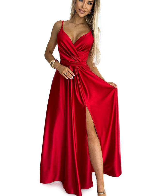 512-5 JULIET elegant long satin dress with a neckline and leg slit - red