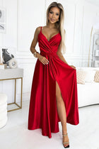 512-5 JULIET elegant long satin dress with a neckline and leg slit - red