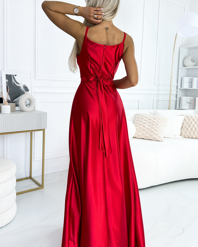 512-5 JULIET elegant long satin dress with a neckline and leg slit - red