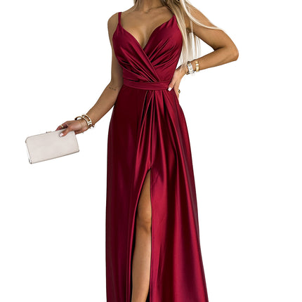 512-6 JULIET elegant long satin dress with a neckline and leg slit - Burgundy color
