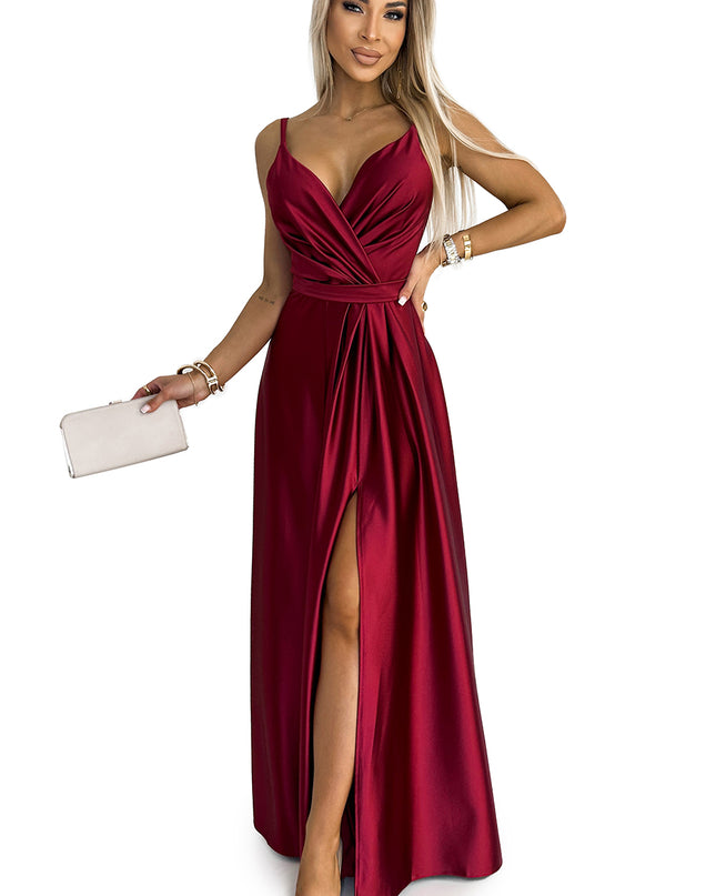 512-6 JULIET elegant long satin dress with a neckline and leg slit - Burgundy color
