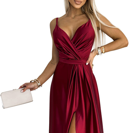 512-6 JULIET elegant long satin dress with a neckline and leg slit - Burgundy color