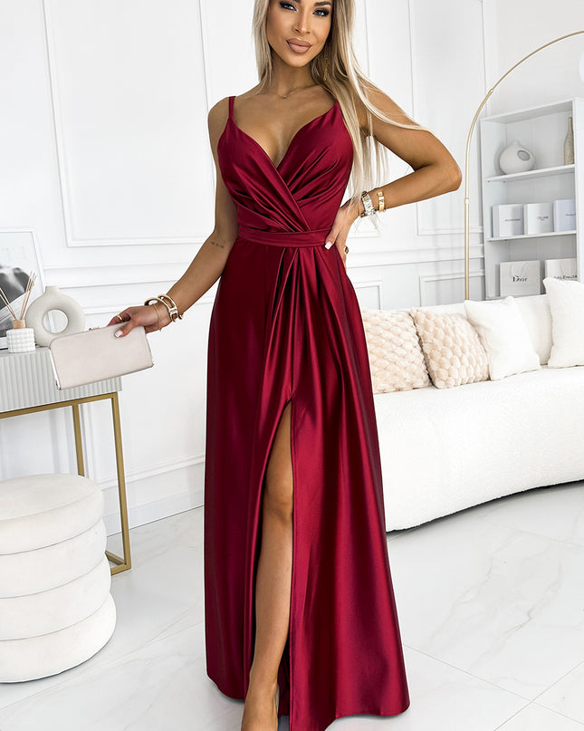 512-6 JULIET elegant long satin dress with a neckline and leg slit - Burgundy color