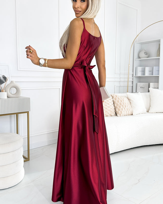 512-6 JULIET elegant long satin dress with a neckline and leg slit - Burgundy color