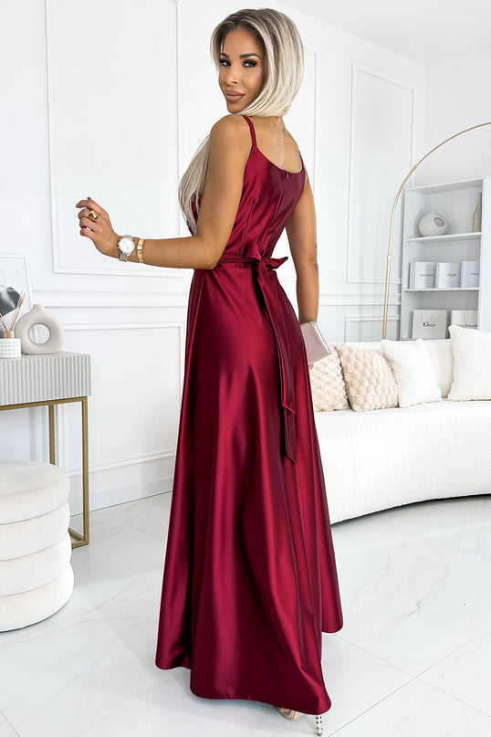 512-6 JULIET elegant long satin dress with a neckline and leg slit - Burgundy color