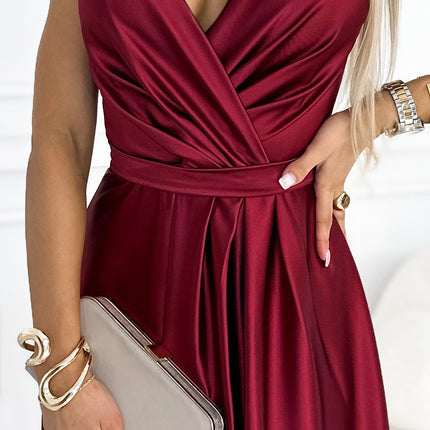 512-6 JULIET elegant long satin dress with a neckline and leg slit - Burgundy color