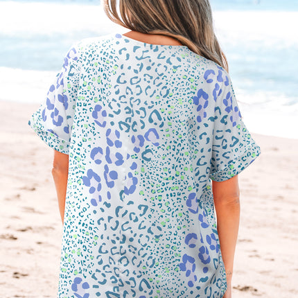 Leopard Print V Neck Short Sleeve Blouse