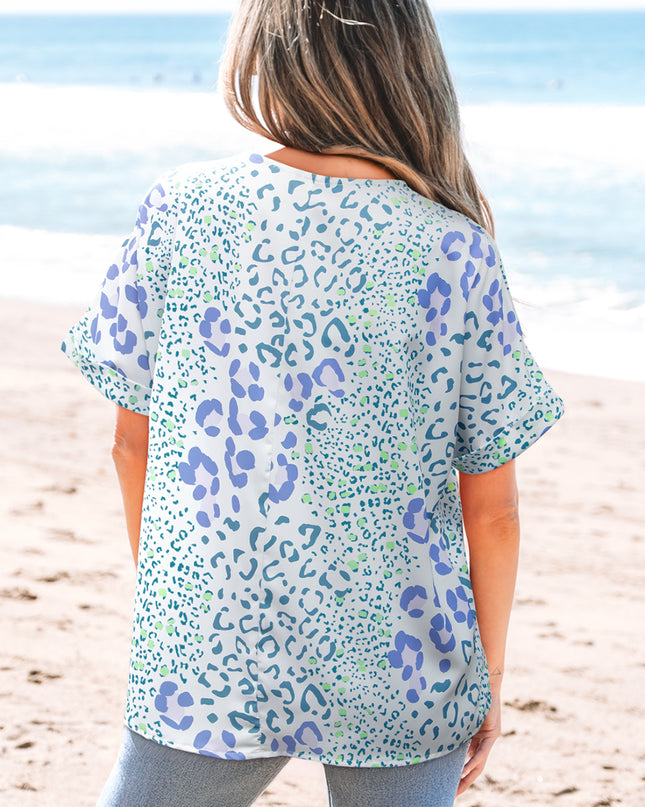 Leopard Print V Neck Short Sleeve Blouse