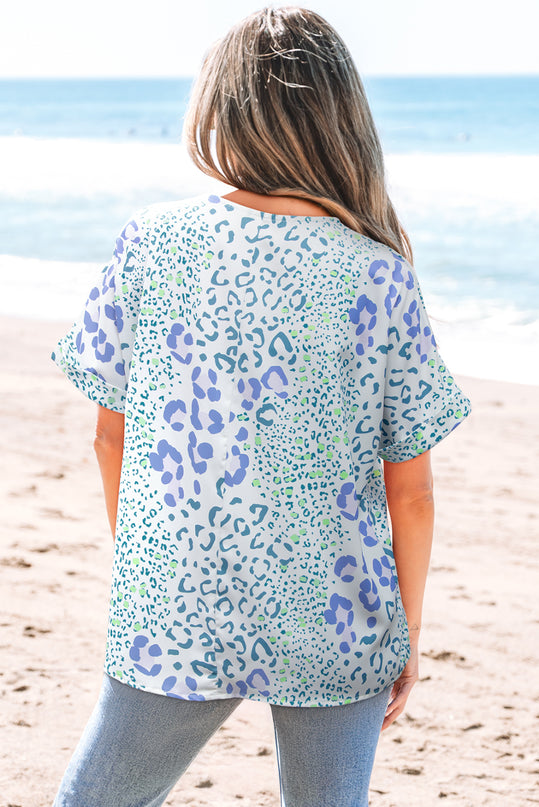Leopard Print V Neck Short Sleeve Blouse