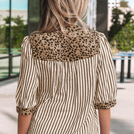 Sky Blue Stripe Leopard Trim V Neck Button Down Half Sleeve Shirt