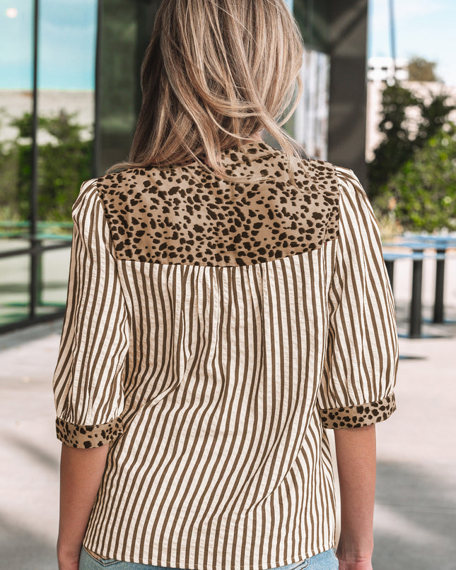 Sky Blue Stripe Leopard Trim V Neck Button Down Half Sleeve Shirt