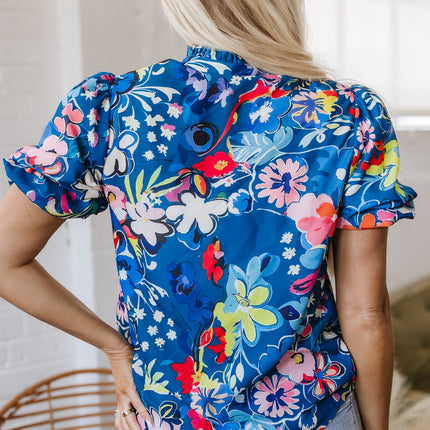 Blue Flower Print Collared V Neck Puff Short Sleeve Loose Blouse