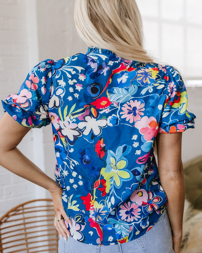 Blue Flower Print Collared V Neck Puff Short Sleeve Loose Blouse