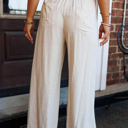 Jet Stream Drawstring Elastic Waist Button Pleated Detail Wide Leg