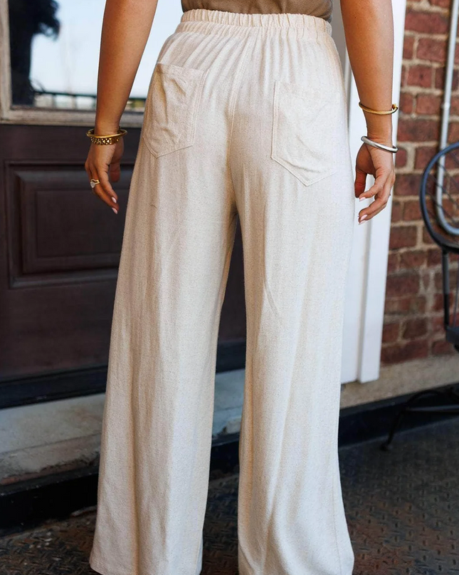 Jet Stream Drawstring Elastic Waist Button Pleated Detail Wide Leg