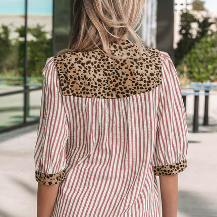 Sky Blue Stripe Leopard Trim V Neck Button Down Half Sleeve Shirt